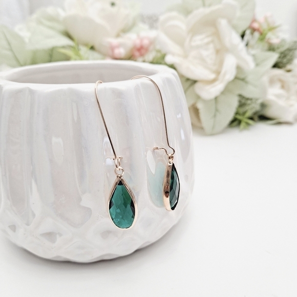 Gold dangle green glass earrings dainty boho drop hoop statement cute 💖2/$30 - Picture 5 of 10